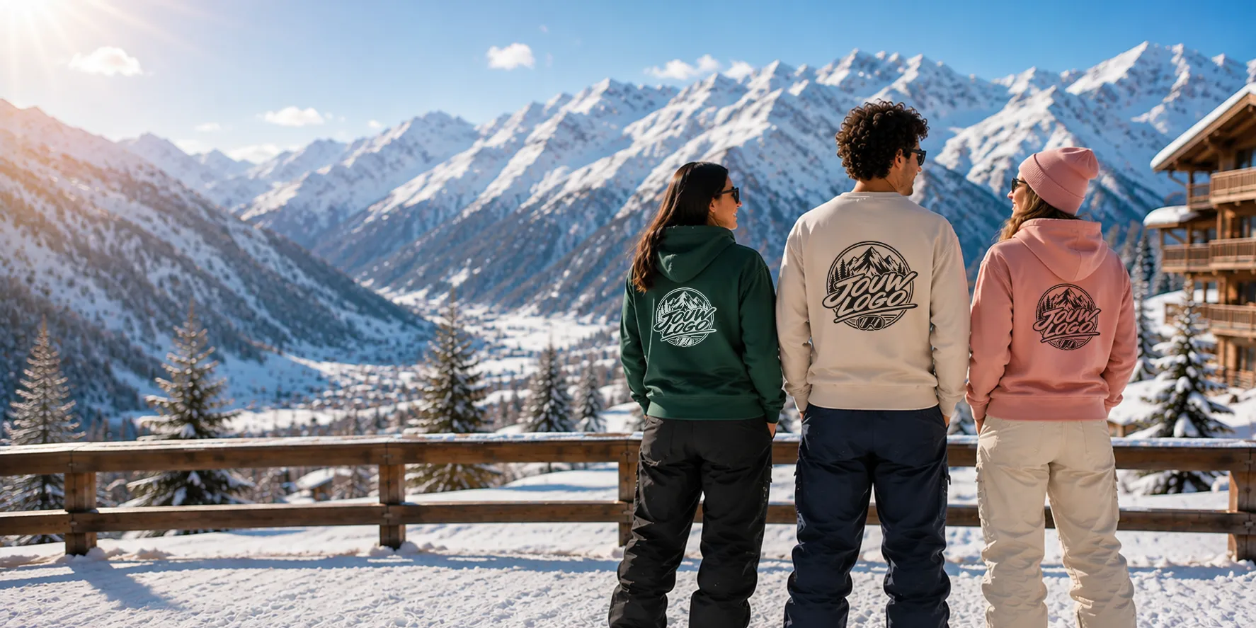 Drie studenten met bedrukte hoodies, sweater en beanie op wintersport