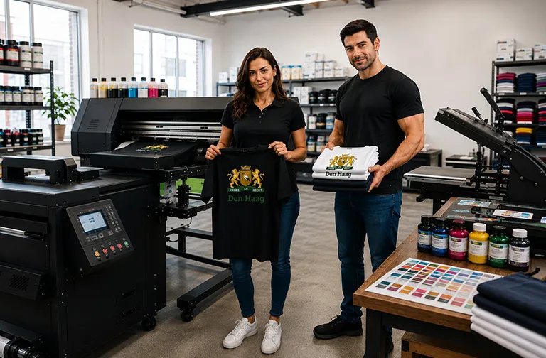 Medewerkers van Magic Print met bedrukte shirts in de drukkerij in Den Haag